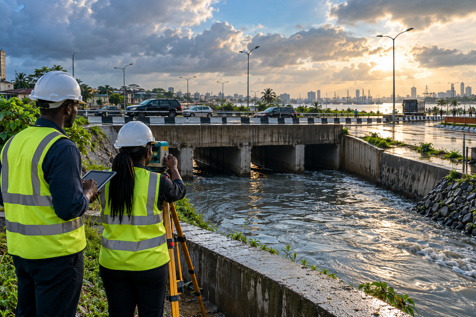 Engineers surveying a drainage channel and transport corridor after rainfall