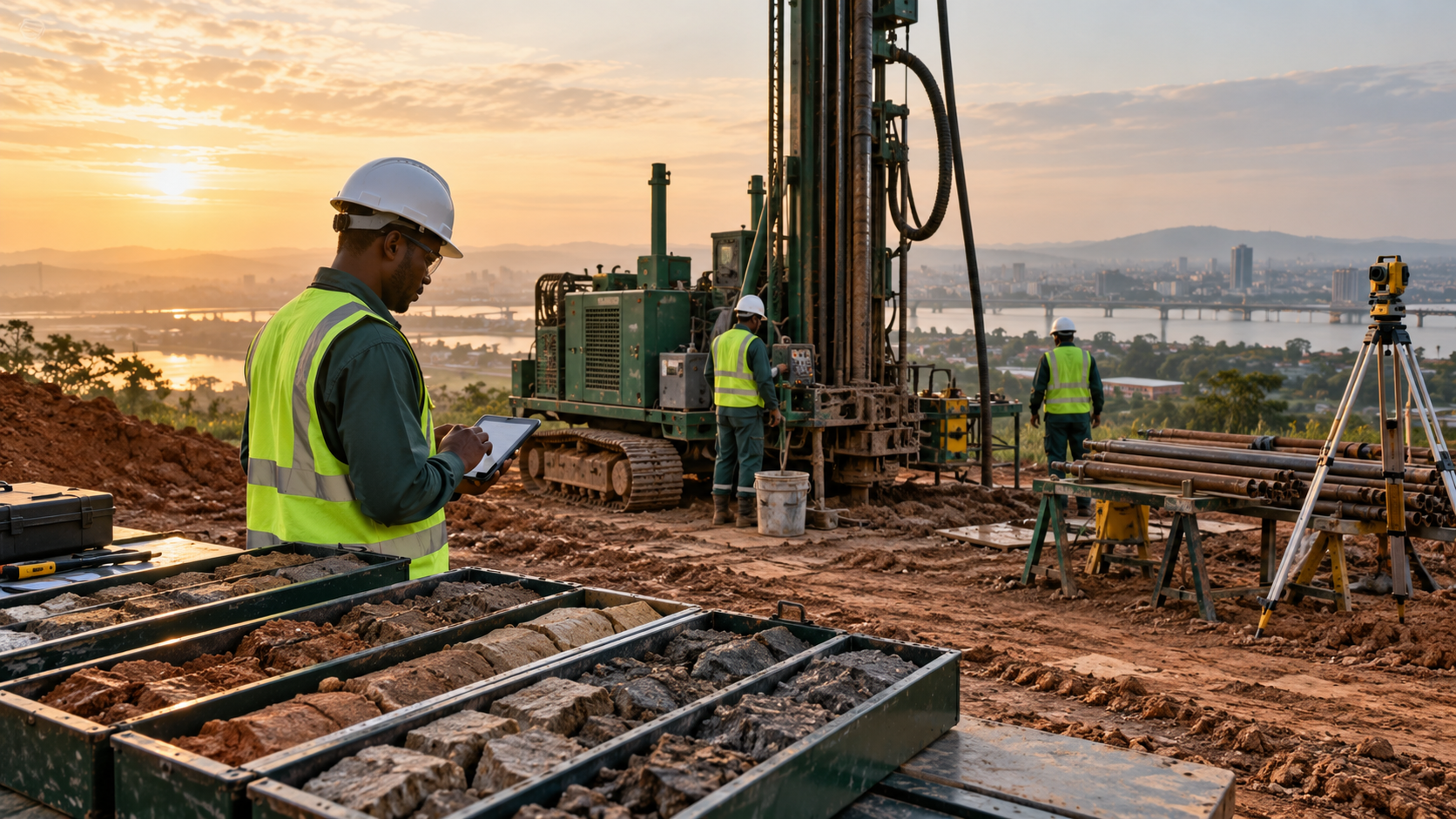 Geotechnical investigation team documenting borehole cores and survey evidence