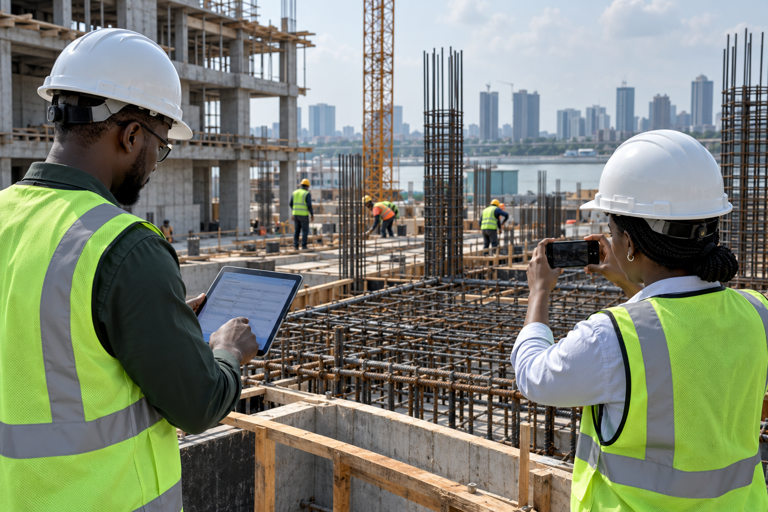 Site engineers recording reinforcement evidence using a tablet and camera